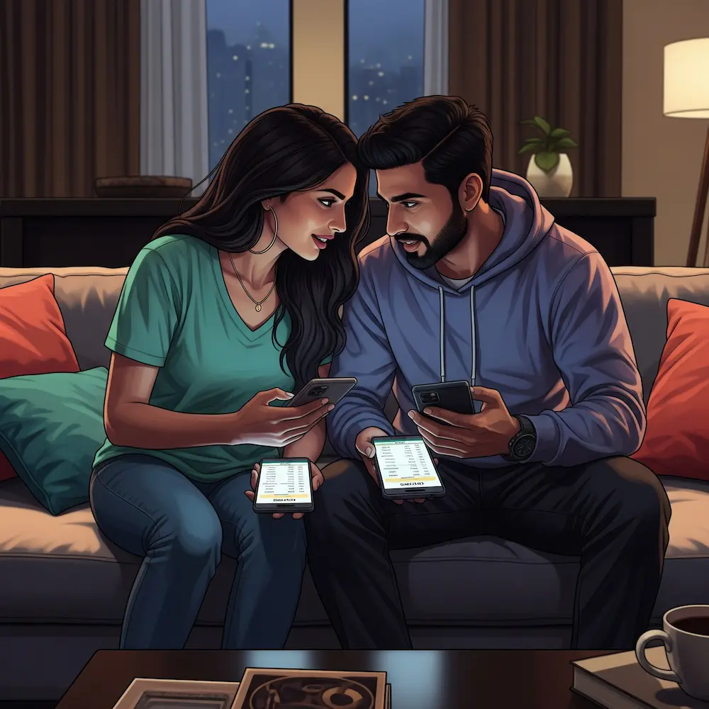 Indian couple woman aged 23 and man aged 27 having meaningful conversation about personality types while sitting together on couch