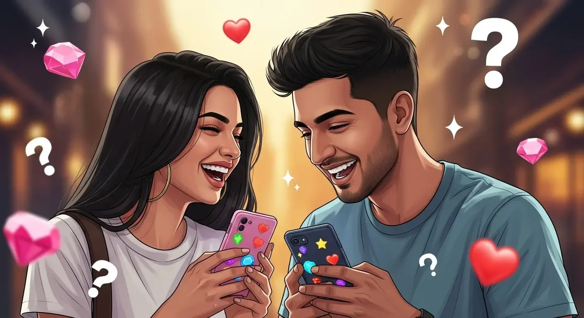 young indian couple using relationship app together on phones with fun quiz interface