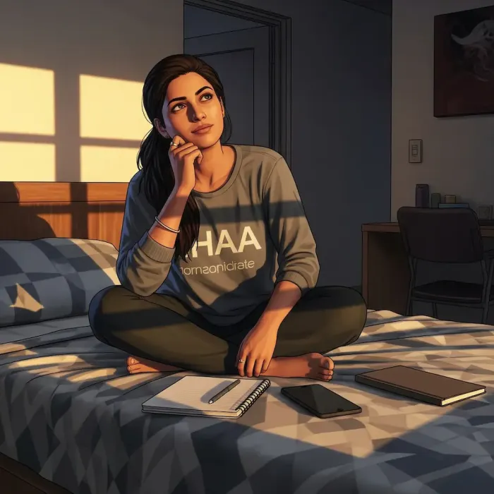 Young Indian woman aged 23 experiencing breakthrough moment of self-discovery while reviewing personality analysis insights on bed