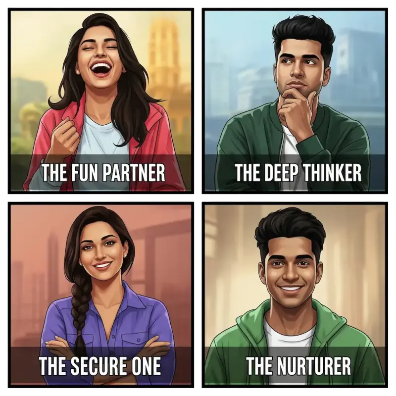 Comprehensive free personality quiz types including love language test, partner type quiz, attachment style assessment and intimacy personality analysis on mobile app interface