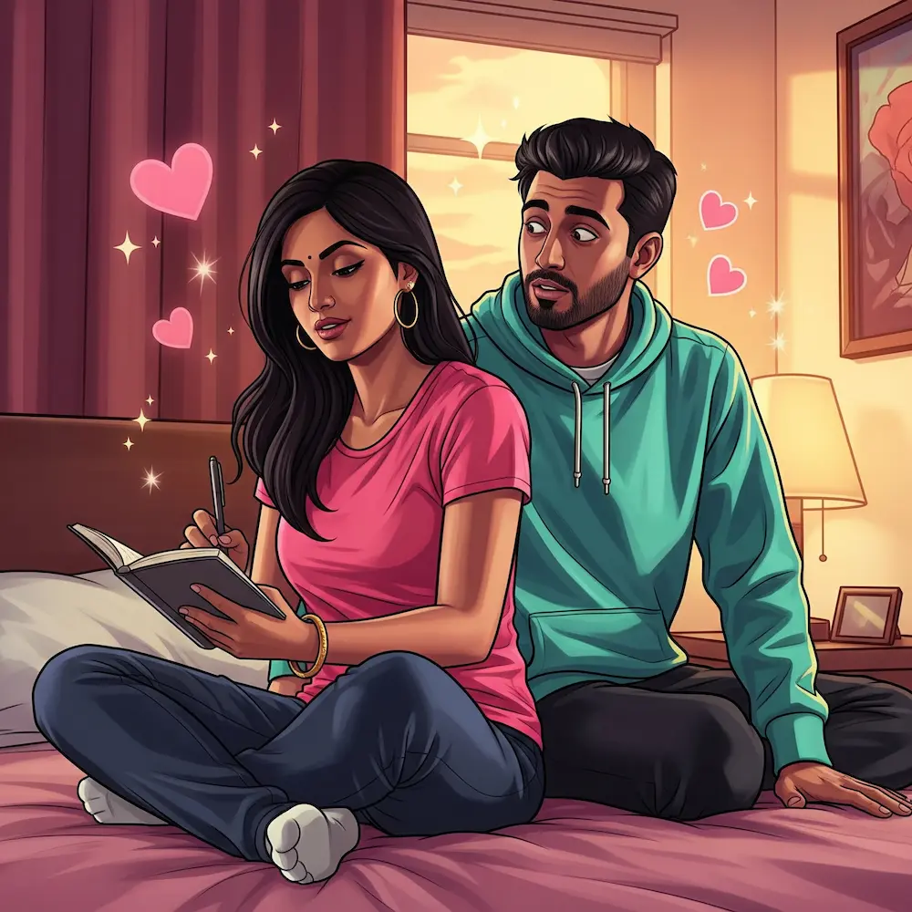 Indian couple in a cozy bedroom, girl writing in a notebook while boy watches curiously, hearts and sparkles floating in the air around them, warm evening light, vibrant colors, GTA 5 art style